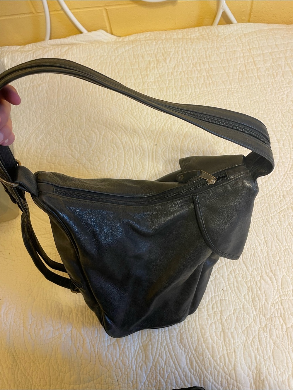 Black Leather Sling Backpack - Classic Women's Bag - Picture 4 of 5